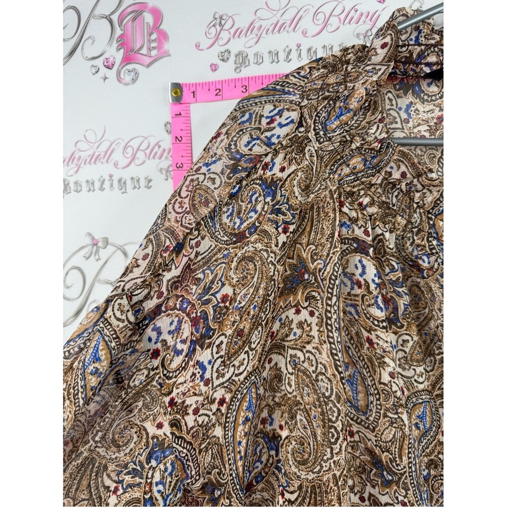 Zara blouse long sleeves tassels Beige Paisley Blouse with Blue & Brown Accents - Picture 9 of 12